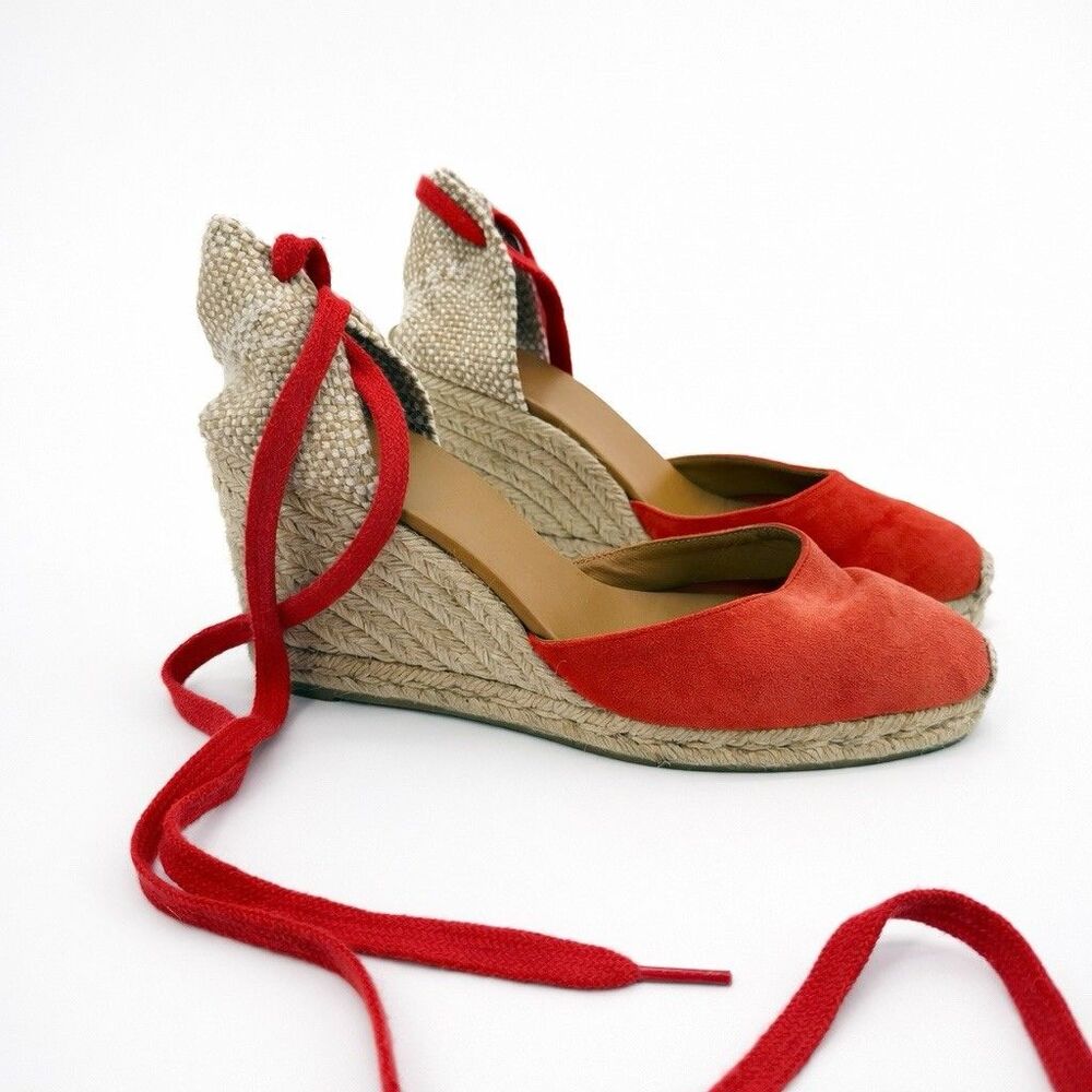 Castaner Red Espadrille Wedges Suede Tie Up Designer Preppy Spain EU 39 (US 8)